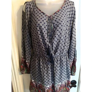 Lily Rain Dress Navy Overlap Chest Tie Neck Open Sleeves Sz M